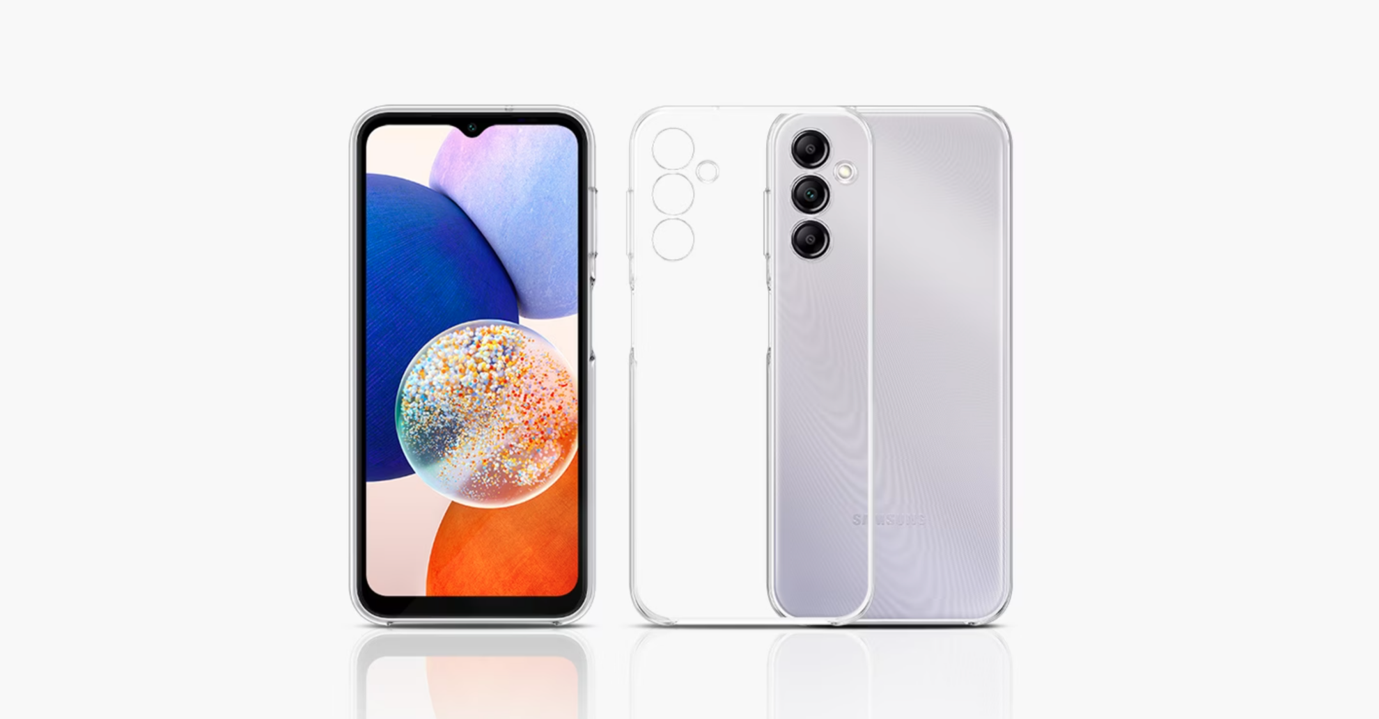 Two silver Galaxy A14 5G devices are seen. One with the Clear Case installed is seen from the front and the screen shows a colorful graphic. The other one is seen from the rear. A Clear Case is placed in front of the Galaxy A14 5G device's rear view, highlighting the transparent design of the case.